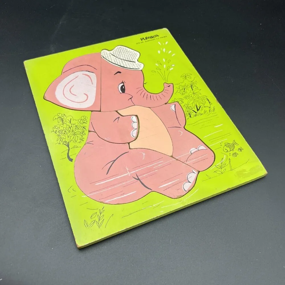 Vintage Green Playskool 275-36 Pink Elephant Wooden Puzzle